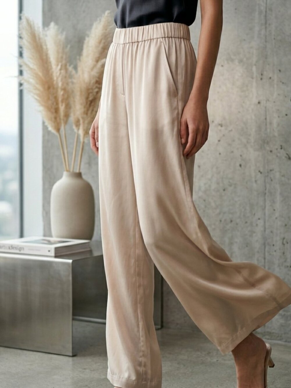 H&M Cream Straight-Leg Elastic Waist Pants